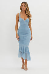 Surreal Lace-Up Back Ruched Midi Dress Blue