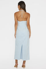 Arielle Gathered Bust Halterneck Midi Dress Pale Blue
