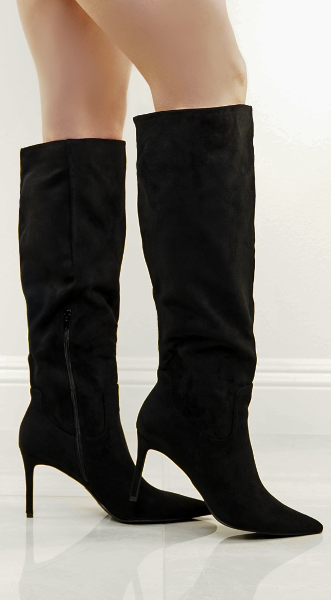 Tassa Faux Suede Pointed Toe Boots - Black