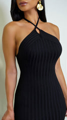 Kaya Halter Ribbed Midi Dress - Black