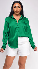 Braylee Satin Button Down Blouse Top - Kelly Green