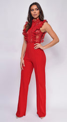 Vanna Crochet Flared leg Jumpsuit - Red