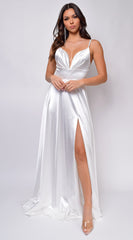 Brissa White Satin Side Slit Gown
