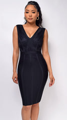 Tavia Black V Neck Lace Bandage Midi Dress