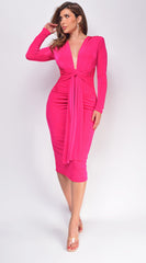Alicyn Fuchsia Pink Waist Tie Long Sleeve Midi Dress
