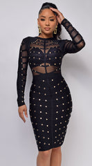 Mio Black Studded Mesh Bandage Dress