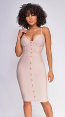 Nelinha Gold Button Bandage Dress - Nude