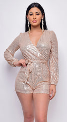 Tempo Rose Gold Sequin Long Sleeve Belted Romper