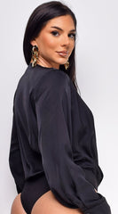 Zana Surplice Pleated V Neck Satin Bodysuit - Black