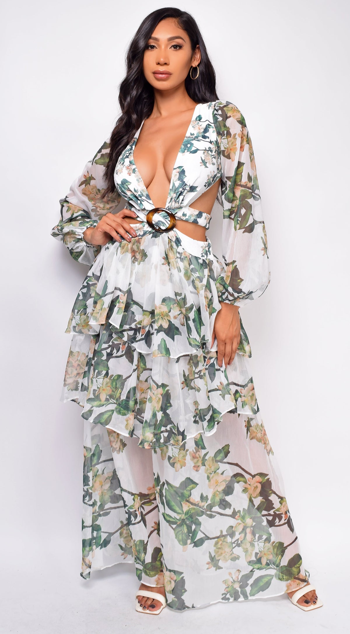 Elle White Green Floral Maxi Dress