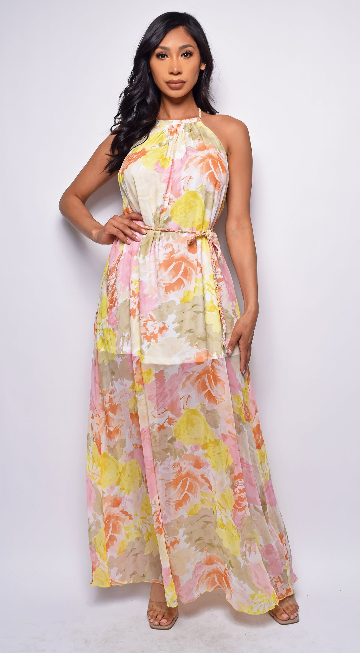 Topaz White Yellow Multi Color Floral Print Maxi Dress