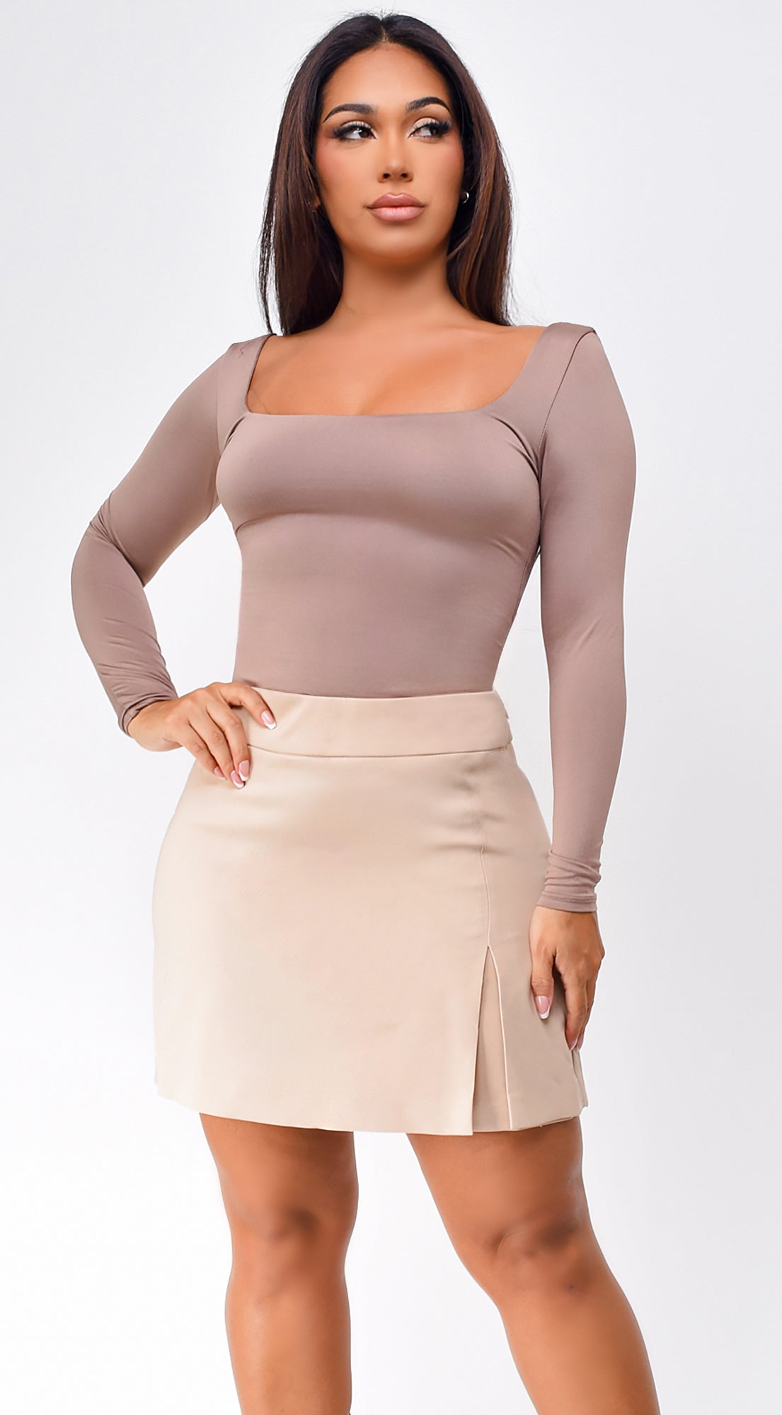 Jona Square Neck Long Sleeve Bodysuit - Taupe