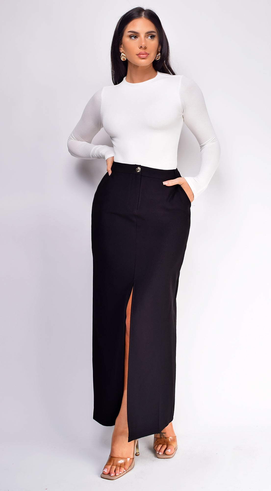 Vivian Black Front Slit Maxi Skirt
