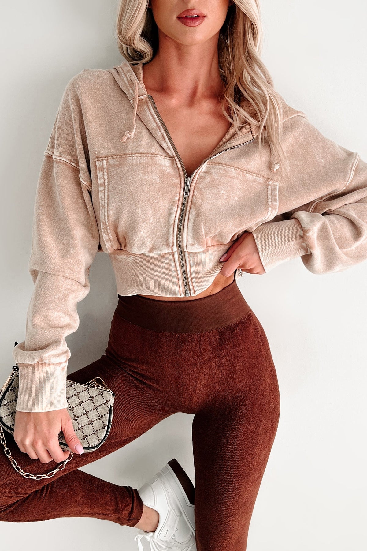 Bite The Dust Cropped Zip-Up Hoodie (Dark Taupe)