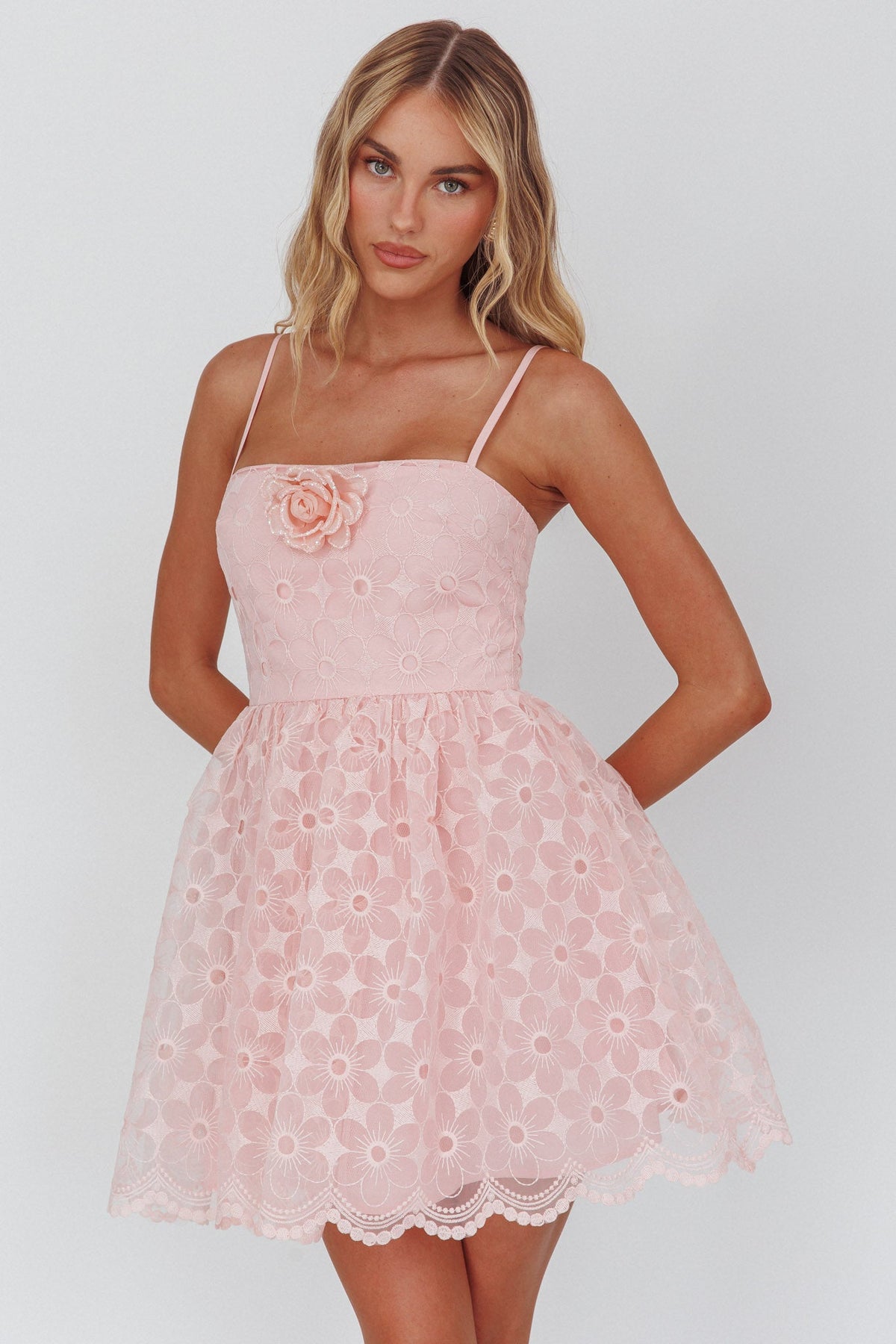 Bahia A-Line Square Neckline Mini Dress Lace Blush