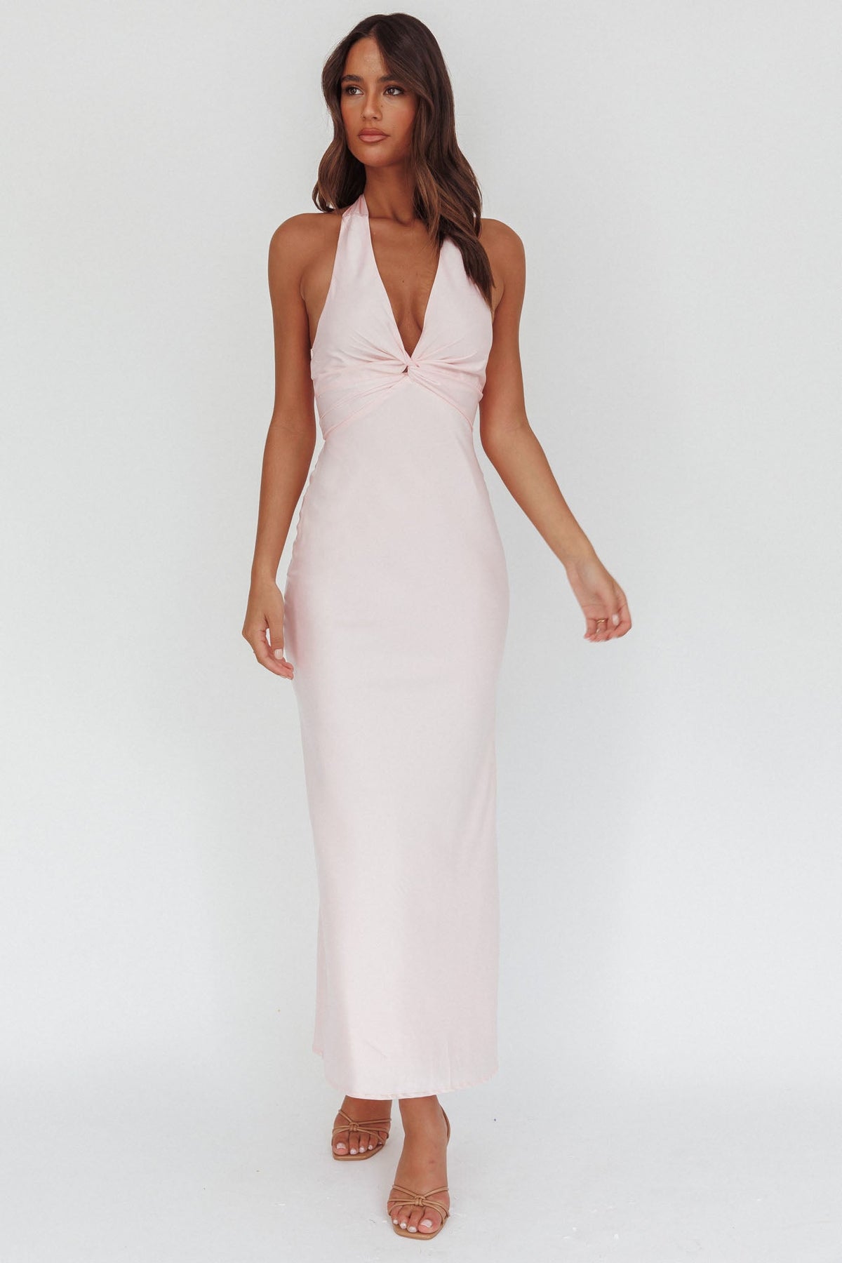Devotion Twist Bust Halter Maxi Dress Baby Pink