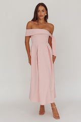 Aurora Sky Off-Shoulder Box Pleat Midi Dress Pink