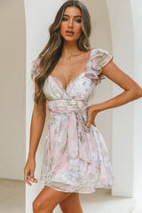 Lola Ruffle Shoulder Ruched Dress Watercolor Floral Pink Multi