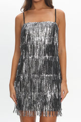 New York Nights Sequin Fringe Mini Dress Black