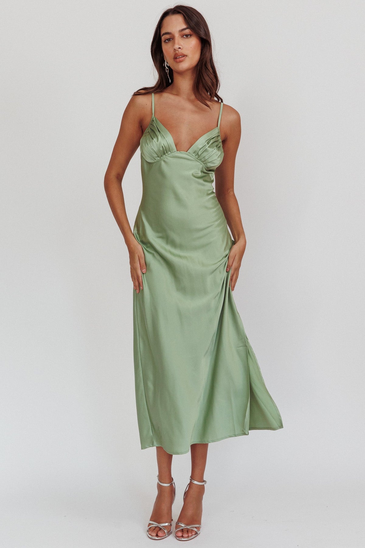 Felicity Pleat Bust Split Midi Dress Sage
