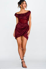 Lizetta Boat Neck Gathered Mini Dress Burgundy