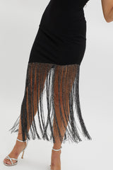 Glitz Asymmetrical Fringe Hem Dress Black
