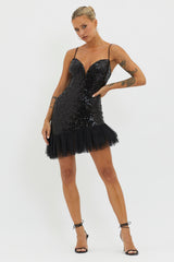 Sassafras Tulle Hem Sequin Mini Dress Black