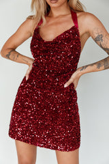 Star Lights Halterneck Mini Dress Sequin Merlot