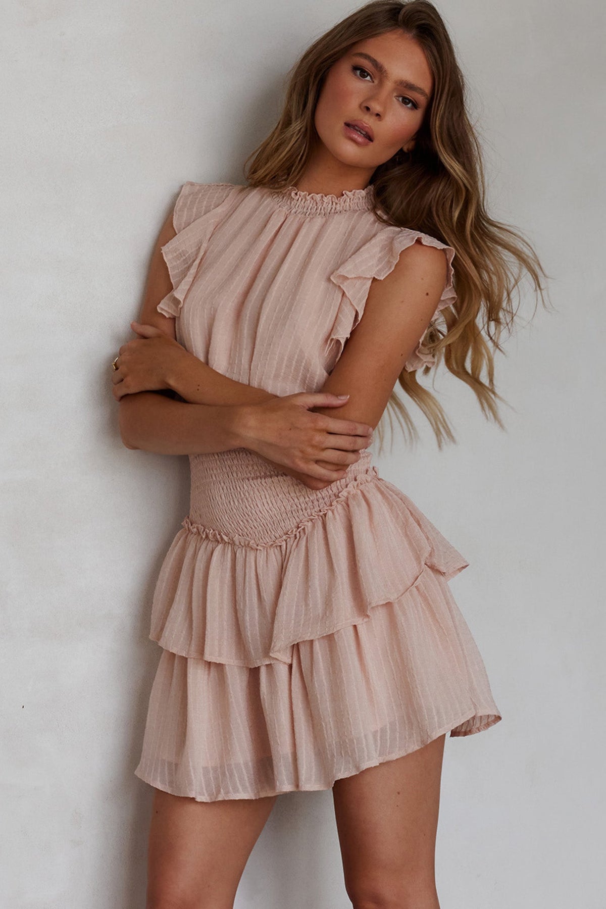 San Jacinto Ruffle Shoulder Mini Dress Blush