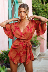 Nadi V-Neckline Wrap Romper Leaf Print Wine