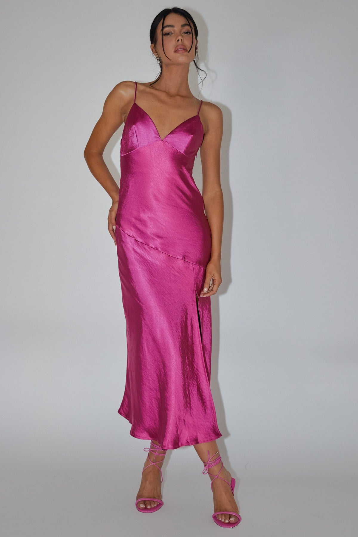 Downtown Cami Strap Front Split Midi Dress Fuchsia