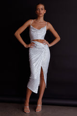 Miami Nights Cowl Neckline Twist Feature Midi Dress Sequin Silver