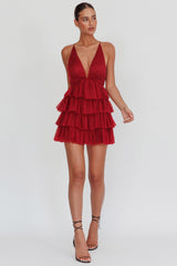 Auguste Tiered Frill Mini Dress Burgundy
