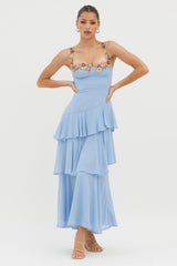 Rose Garden Tiered Ruffle Floral Trim Dress Blue