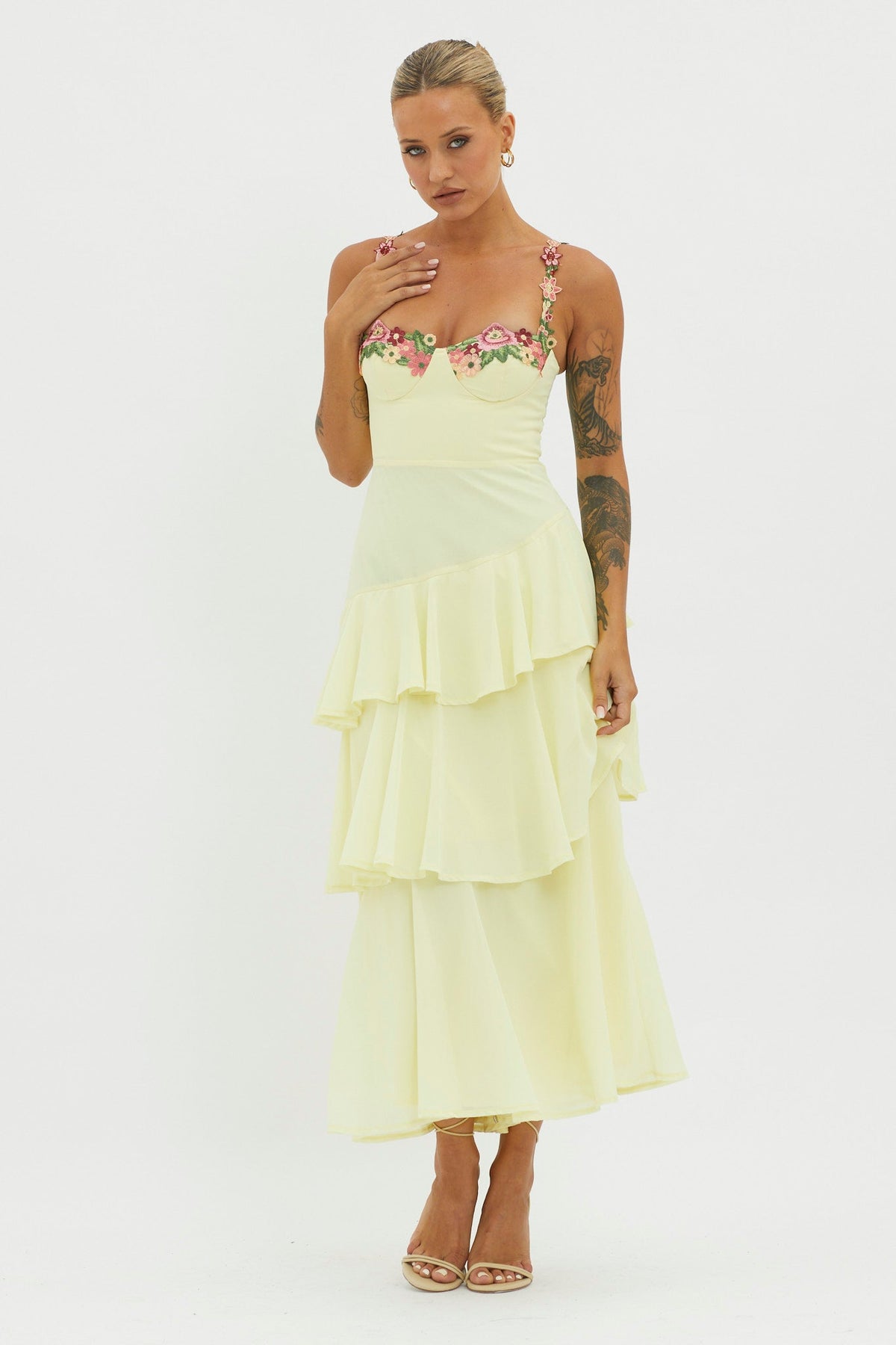 Rose Garden Tiered Ruffle Floral Trim Dress Lemon