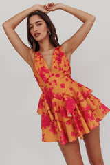 Like Me V-Neck Tied Back Floral Romper Orange