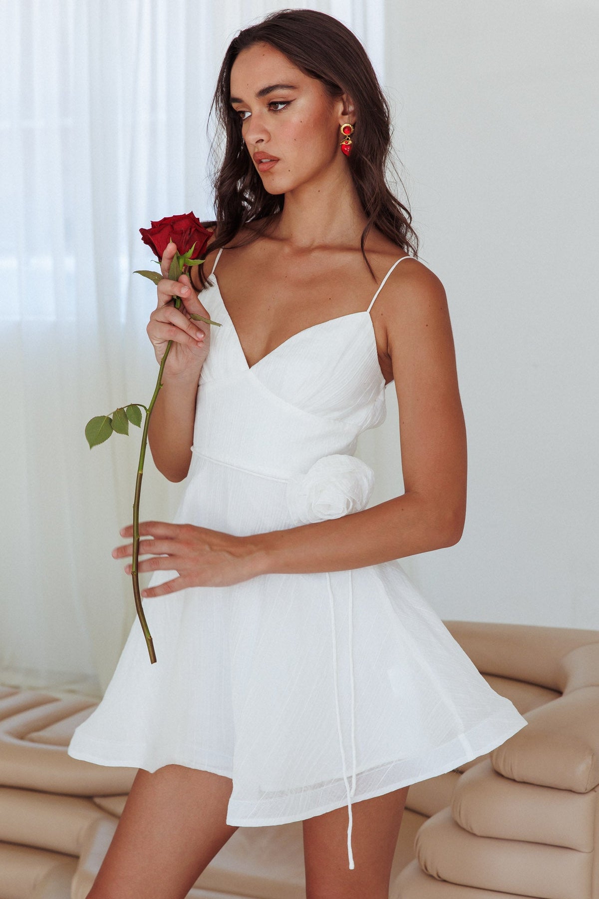 Kalinda Rose Accent Mini Dress Crepe White