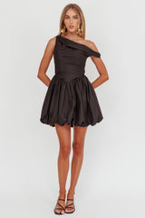Celinda Asymmetric Neckline Balloon Mini Dress Black