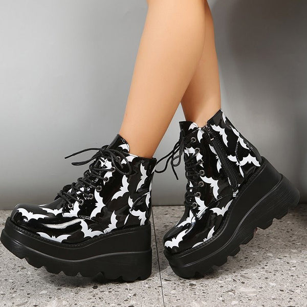 Black Platform Lace-Up Motorcycle Boots