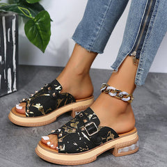 Fish Mouth Toe Colorblock Snakeskin Rivets Slippers