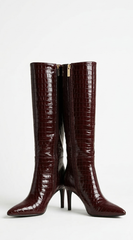 Isolde Croc-Embossed High Heel Boots - Burgundy