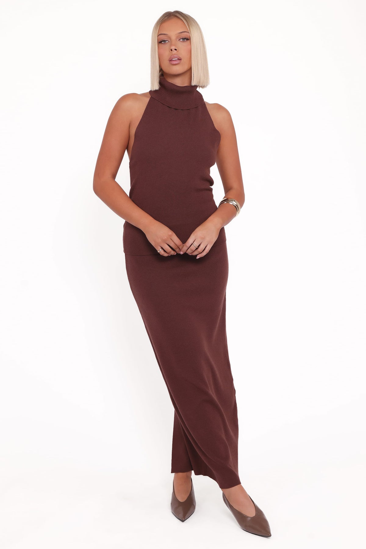 Halley Knit Halter Skirt Set - Brown